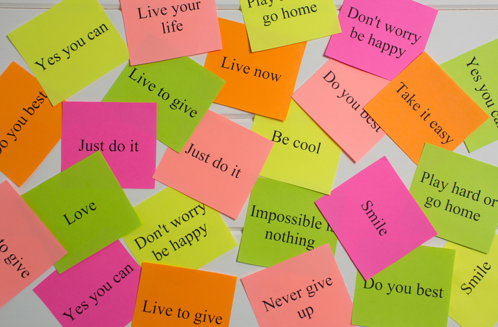 Motivational words on colorful stickers on white background. A vision Board. Cards with words. Affirmation, development, training, seminar. Plan, strategy, to-do list, concept. Creativity, project,